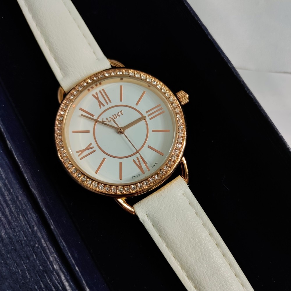 Stauer Swiss Made Watch Jeweled Case White Face Roman Numerals White Strap - Picture 1 of 8